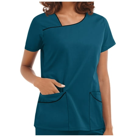 

Scrub Shirts for Women Summer Short Sleeve Blouses Casual V Neck Scrubs Tops Classic Solid Color Working Uniform