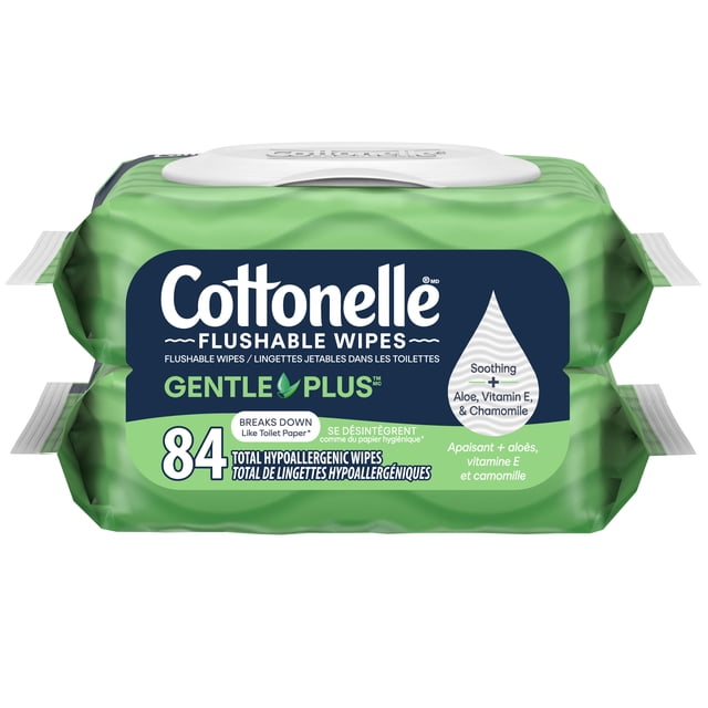 Cottonelle Gentle Plus Lingettes Humides Jetables dans les Toilettes, 2 Paquets à Couvercle Rabattable, 84 Lingettes
