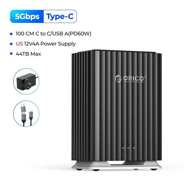 ORICO 2 Bay Hard Drive Enclosure with Cooling Fan for 2.5/3.5" SATA HDD/SSD with 2-in-1 USB C to C/A Cable, 3.5 Hard Drive Reader Supports 44TB Capacity, DAS(NO NAS)
