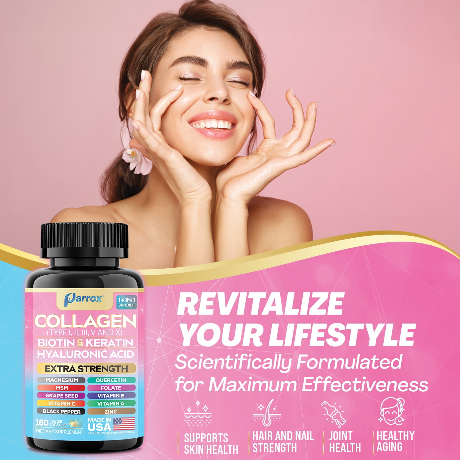 Parrox Collagen Peptides Types I, II, III, V & X, MCG Biotin, Keratin, Hyaluronic Acid, MSM, Zinc, Grape Seed Extract, Quercetin, Vitamin A, Vitamin C, Vitamin E, Magnesium, Folic Acid (180 Capsules)