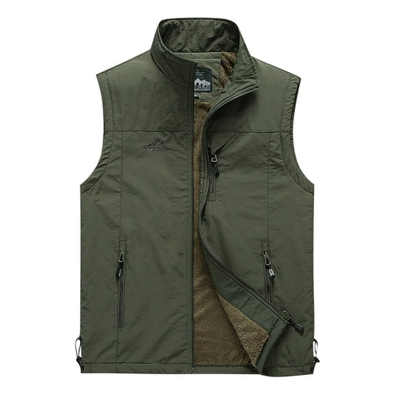 Lovskoo Men's Outdoor Casual Sleeveless Cargo Jackets Fleece Lined Stand Collar Full Zip Coats Warm Outwear Padded Vest Coats Olive Green