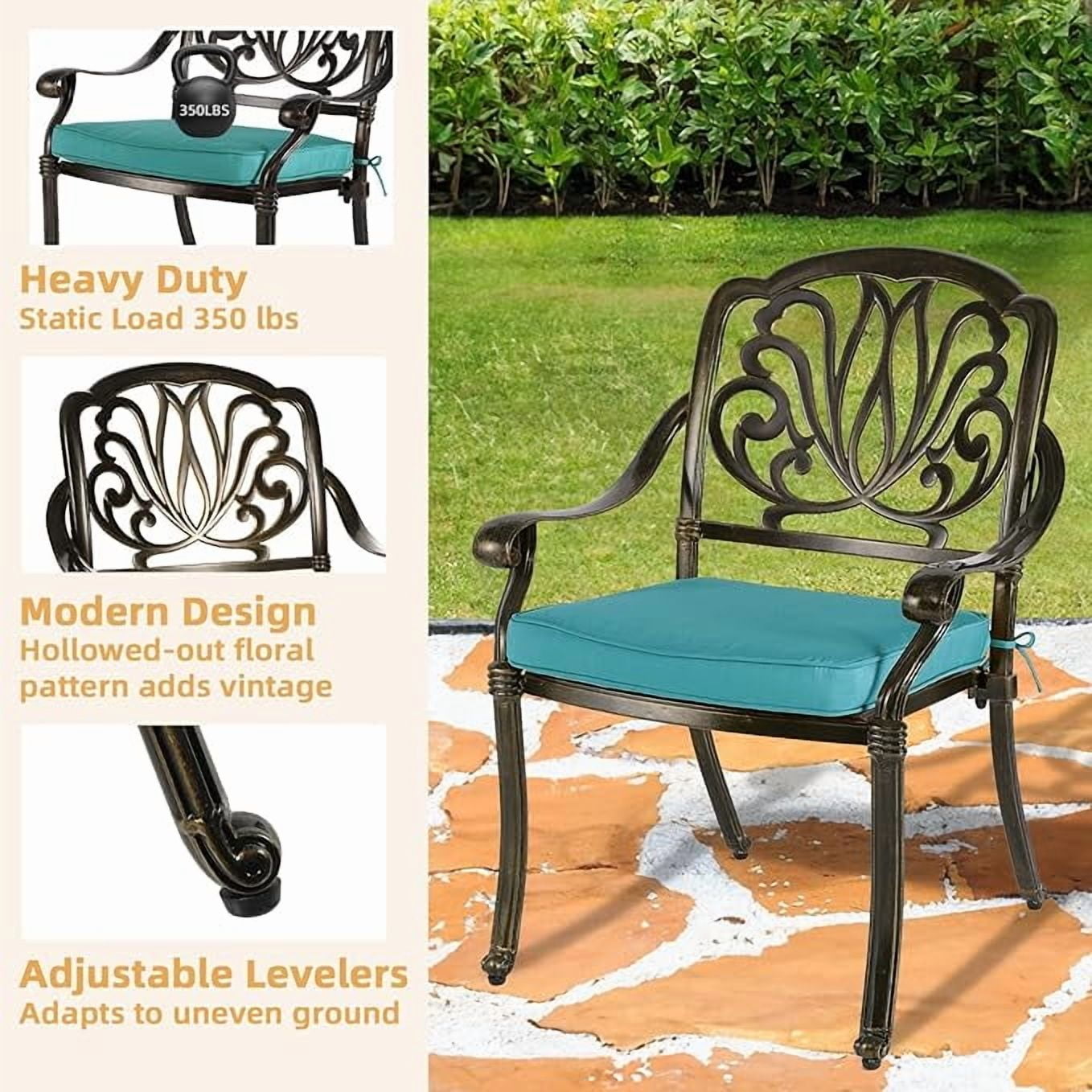 W WARMHOL 5-Piece Outdoor Patio Dining Set, All-Weather Cast Aluminum Patio Furniture Set for Backyard Garden Deck with 4 Chairs, 4 Cushions and 35.4" Round Table, 2" Umbrella Hole, Blue