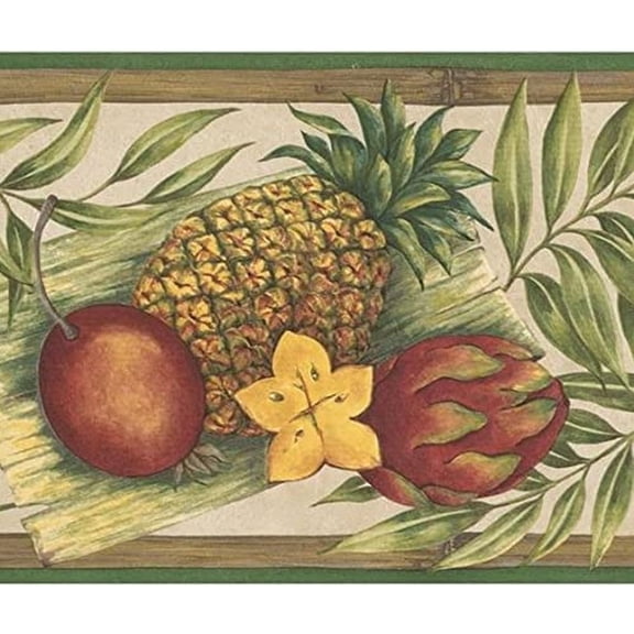 Concord Wallcoverings Wallpaper Border Tropical Pattern Fruits Bamboo Leaves for Dining Area Cottage Trailer House, Brown Green Red Yellow Beige, 7 Inches by 15 Feet 5811928