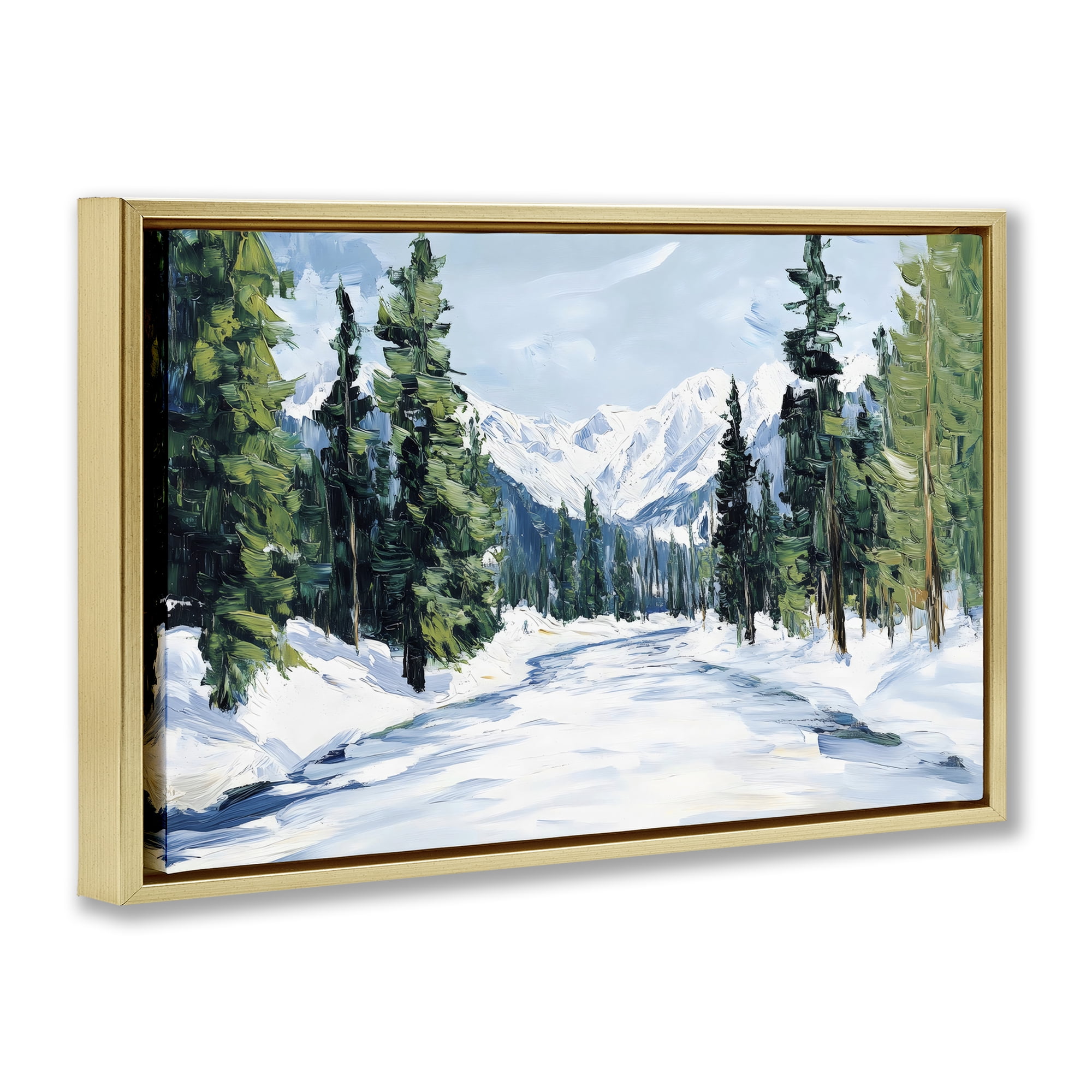 Snowy Tall Tree Pass Gold Framed Floater Canvas Wall Art, design by Petal Prints Design