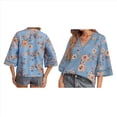 thumbnail image 3 of Camiseta de Verano para Mujer, Elegante, Informal, con Mangas 3/4, Cuello en V, Estilo Étnico Bohemio y Estampado Acampanado. Azul L, 3 of 7