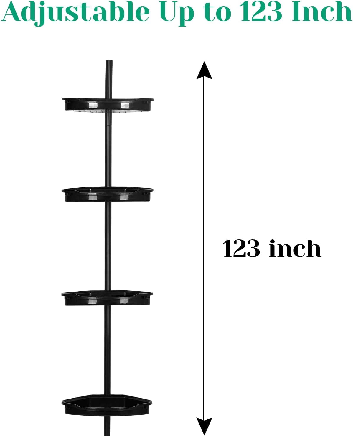 ATENOW Bathroom Rust-Resistant Shower Trolley Corner, 4-Tier Adjustable Shelf with Tension Rod, Bathroom Accessories Shower Organizer, Floor Standing Bath Shelf Bracket, Up to 123 Inch