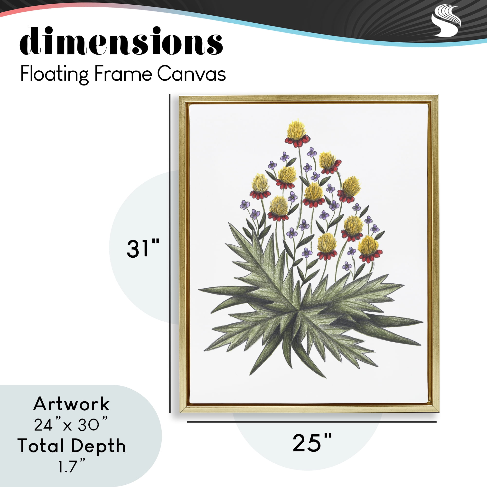 Yellow Leafy Wild Flowers Gold Framed Floater Canvas Wall Art, design by Cecilia Battaini