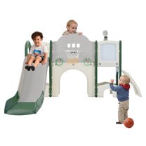 9 in 1 Toddler Slide for Indoor Playground, Freestanding Kids Climber Slide Playset with Basketball Hoop, Telescope, Crawl-through Tunnel, Drawing Whiteboard, Golf Hole and Ring Toss Game