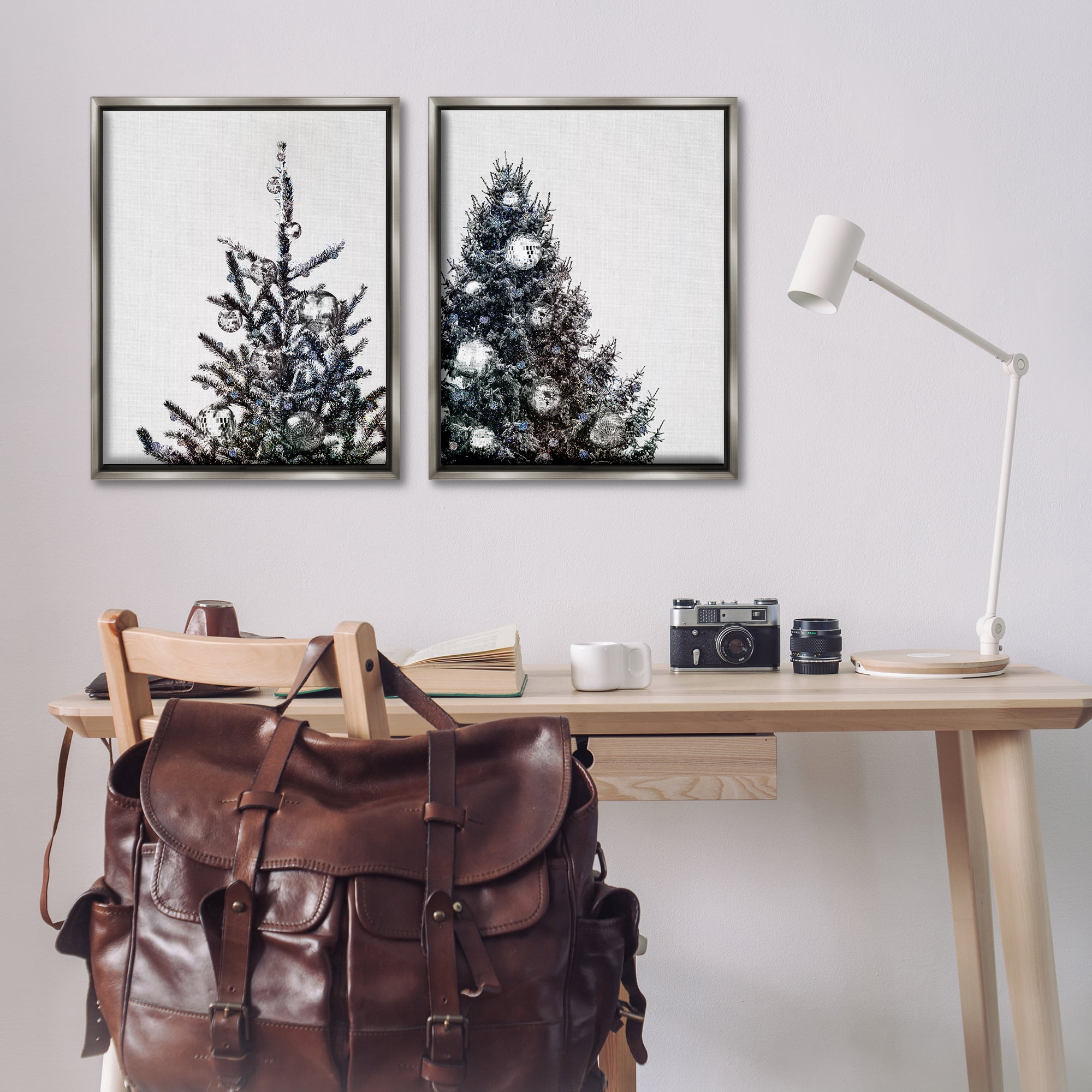 Stupell Industries Disco Ball Christmas Tree Holiday Photography Gray Floater Framed Canvas Art Print Wall Art, 31 x 25, Set of 2
