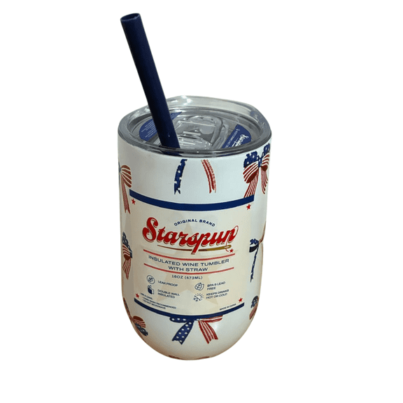 Starspun Patriotic Wine Tumbler with Straw 16 Oz Reusable Drink Cup with Lid