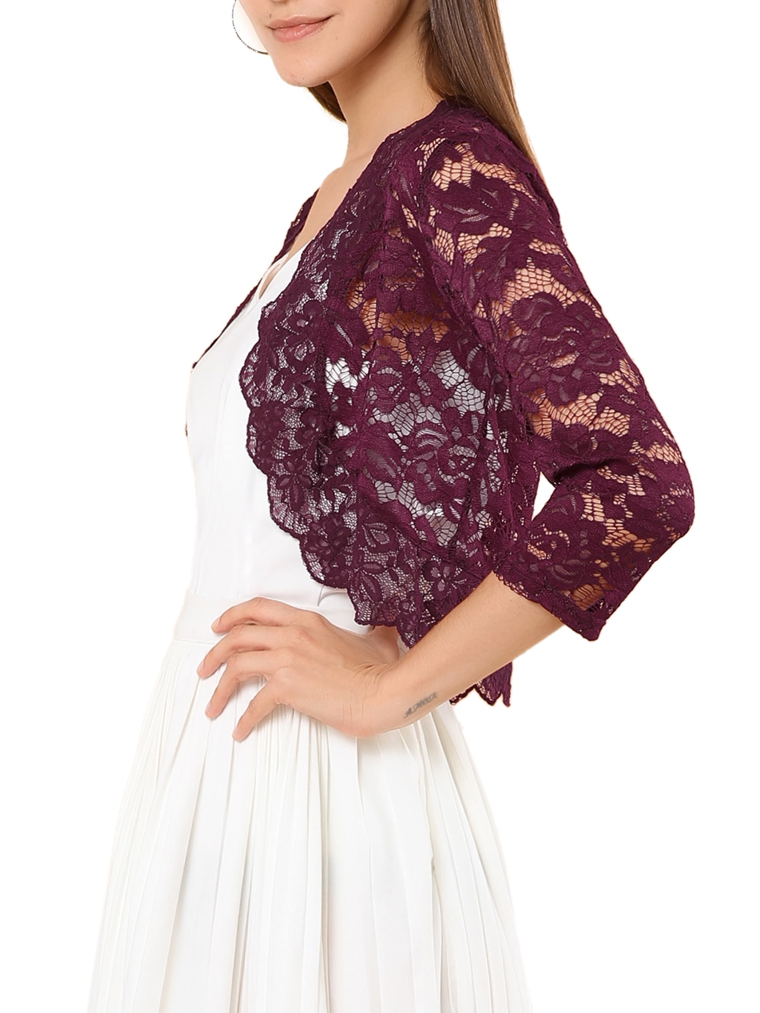 DARING DIVA 3/4 Sleeve Sheer Floral Lace Shrug Top S Burgundy