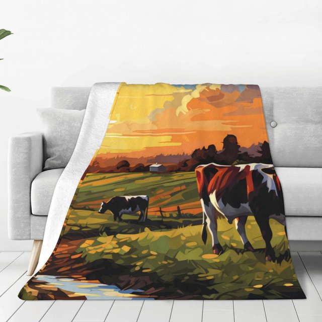 Balery Oil Painting Style Pasture Cow Manta de Felpa Suave y Acogedora – Cobija de Franela Aterciopelada para Cama, Lavable y Cálida para Sofá, Mascotas, Transpirable-60"x50"