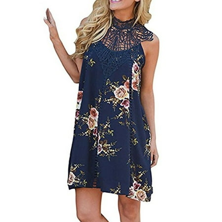 - Lace Neck Women Sleeveless Loose A-line Mini Dress