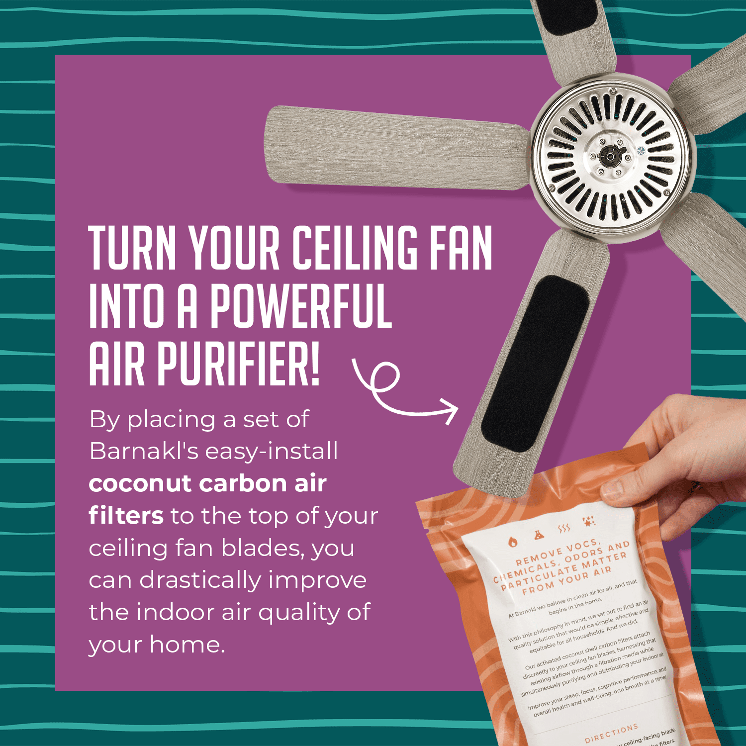 Barnakl Ceiling Fan Filters | Unscented Activated Coconut Shell Carbon Filter | Easy-Stick Ceiling Fan Air Filters | Universal Ceiling Fan Blade Filters for Common Household Contaminants, (5-Count)