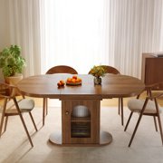Patbrela 43.3–59 Extendable Dining Table with Storage, Oval Dining Room Table for 4-6, Space-Saving Kitchen Table with Removable Leaves for Kitchen & Living Room, Walnut