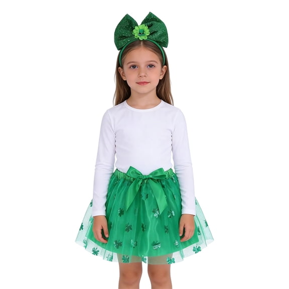 CPNG St. Patrick's Day Costume Set Green Tulle Skirt & Glitter Bow Headband Set - Party Costume, Dance Performance Outfit(Pink,5-7 Years)