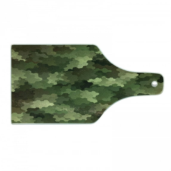 Camo Cutting Board, Frosted Glass Effect Hexagonal Abstract Being Invisible Woodland Print, Tempered Glass Cutting and Serving Board, Wine Bottle Shape, Pale Green Brown Green, by Ambesonne