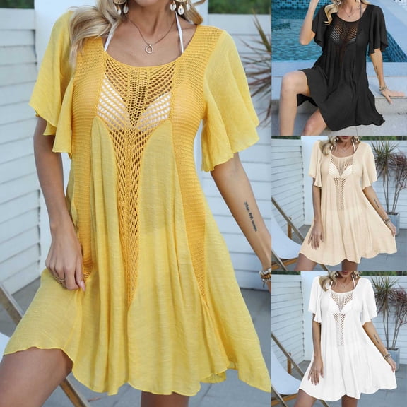 Daiosportswear Women Swimsuit Cover Up Short Sleeve Bikini Coverups Crochet U-Neck Beach Dress,Cover-Up for Women Yellow 4(Free Size)