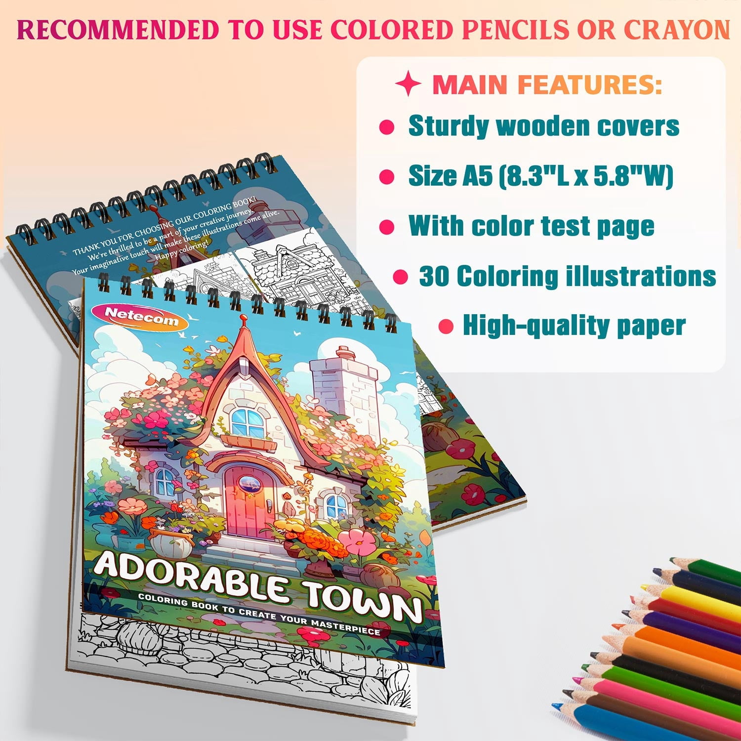 Netecom Adorable Town Spiral Bound Coloring Book for Adults, A5 Wooden Cover, 30 Charming Coloring Pages of Kawaii World for Stress Relief and Relaxation