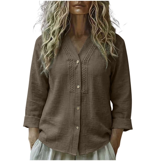 Camisas de Cuello de la Tripulación de Manga Corta para las Mujeres Lino Color Sólido V-Cuello Botón-Abajo Blusa, Manga Larga Top Casual para la Primavera Y el Verano