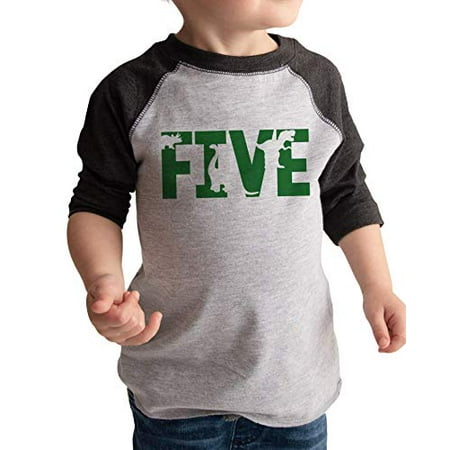 

7 ate 9 Apparel Five Fifth Birthday Dinosaur Grey Baseball Tee