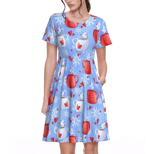 Balery coffee love cup winter Vestidos sueltos de manga corta para mujer, vestidos de verano 2025, vestidos casuales de corte A con vuelo.
