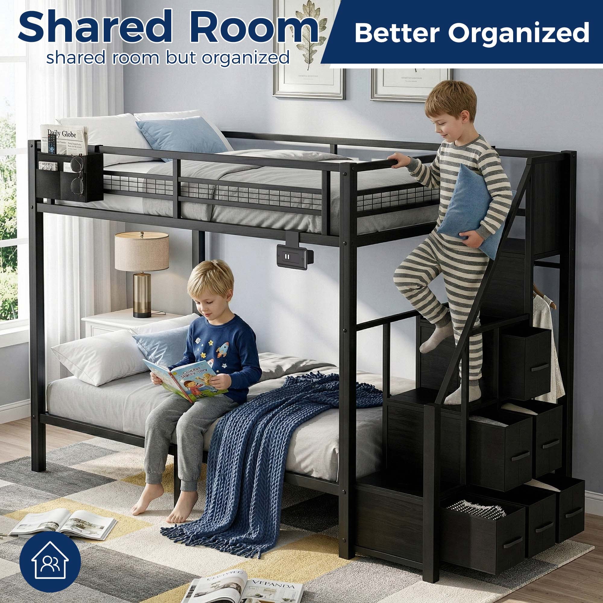 Miniyam Twin over Twin Bunk Bed with Storage Stairs and 6 Drawers, Black