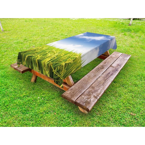 Plant Outdoor Tablecloth, Asian Cultivated Farm Paddy Rice Field Agriculture Food Eastern Countryside, Decorative Washable Fabric Picnic Table Cloth, 58 X 84 Inches,Sky Blue Apple Green, by Ambesonne