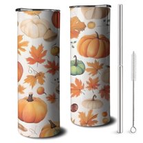 20oz Fall Pumpkins and Autumn Leaves Skinny Tumblers Stainless Steel Tumbler with Lid and Straw,Vacuum Insulated Double Wall Travel Tumbler Cups with Cleaning Brush for Coffee,Tea