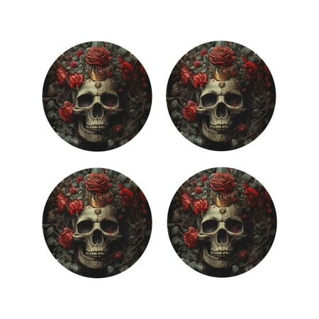 

Drink Coasters Set of 4 Classical Rose Crown Skull Leather Coasters for Coffee Table Protector Heat Resistant Cute Coasters for Home Decor Housewarming Gifts Bar Kitchen 4 Inch Round Shape