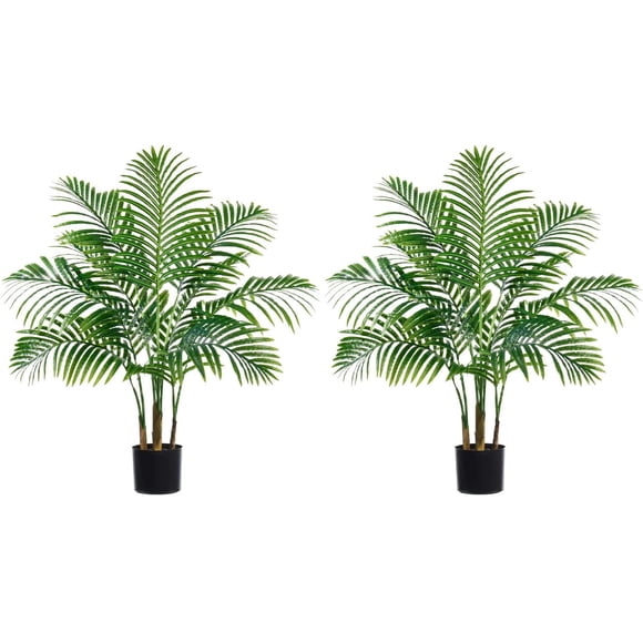 2 Pack Artificial Palm Tree 3FT Artificial Plants Indoor Tropical Fake Palm Tree Areca Floor Plant in Black Pot with 9 Trunks & Real Bark Design, Faux Palm Plant for Outdoor Patio Home Office Decor