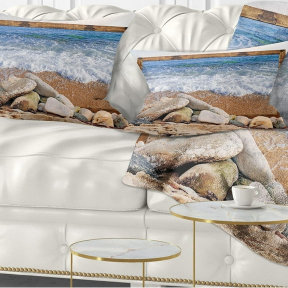 Designart Framed Effect Waves and Rocks - Seashore Throw Pillow - 12x20