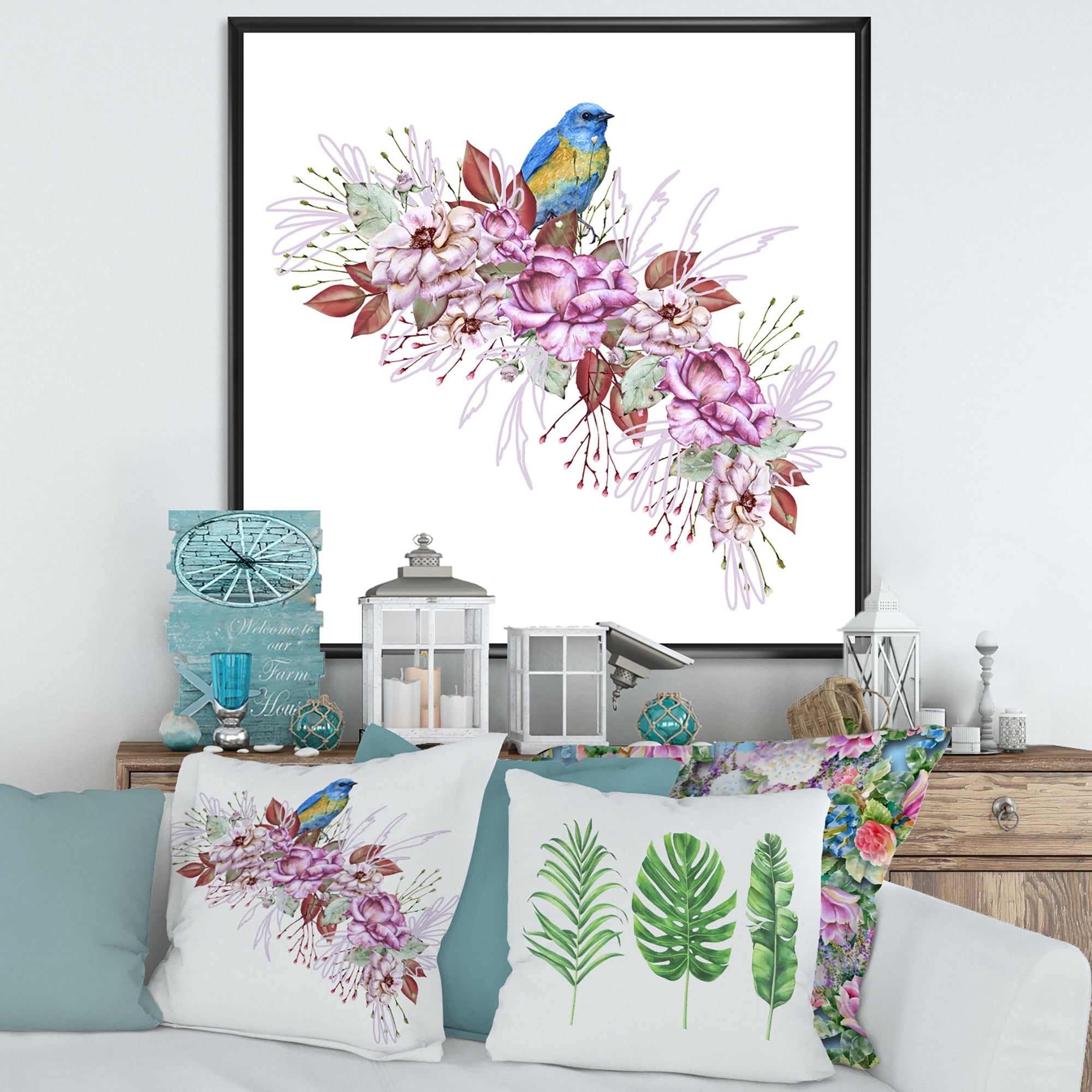 Designart 'Little Blue Bird Sitting On Colorful Boquet of Flowers' Traditional Framed Canvas Wall Art Print