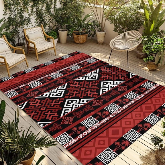 Red Black Boho Outdoor Rug for Patio/Deck/Porch, Non-Slip Large Area Rug 3 x 5 Ft, Geometric Vintage Abstract Art Indoor Outdoor Rugs Washable Area Rugs, Reversible Camping Rug Carpet Runner