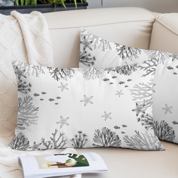 Coastal Marine Life Pillow Covers 20x26 Inch Standard Size, Summer Ocean Coral Starfish Fish Gray Decorative Pillowcase with Zipper, Microfiber Pillow Protector Pillowcases for Couch Sofa Bed