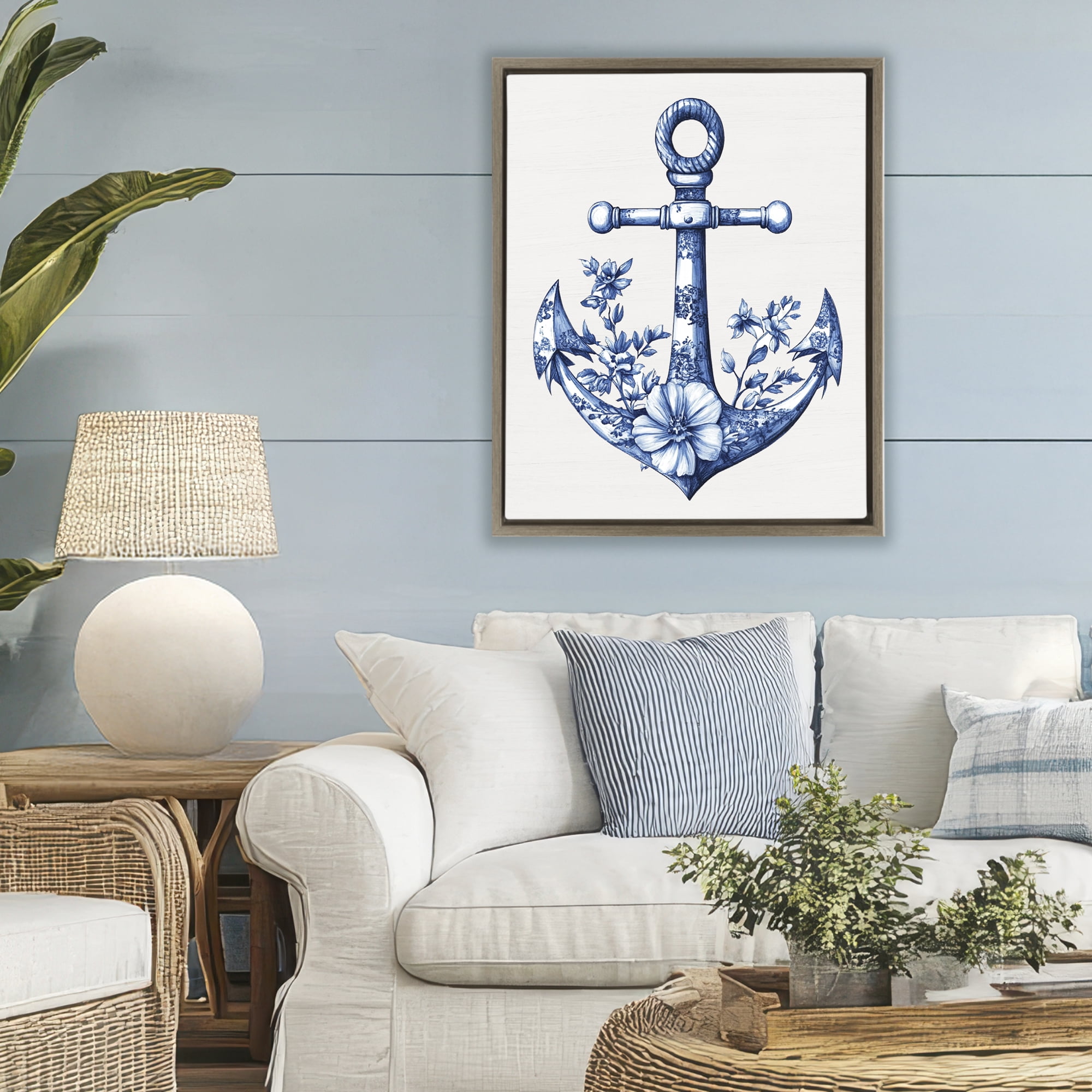 Toile Patterned Anchor Brown Framed Floater Canvas Wall Art, design by Lettered and Lined