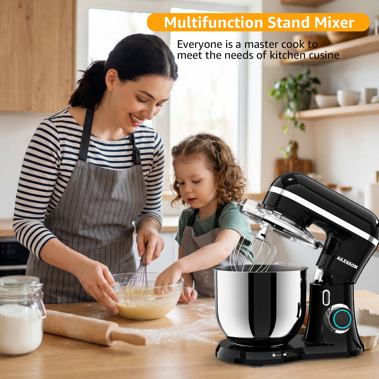 Electric Stand Mixer 660W Tilt-Head Kitchen Household Mixer 6.5QT 10-Speed food mixer with Dishwasher-Safe 304 Stainless Steel Bowl 3-IN-1 Stand Mixer Onyx Black