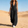 thumbnail image 4 of Women's Fashion Casual Solid Color Deep V Halter Neck Sleeveless Jumpsuit Ruched Detail Pockets Long Pants One Piece Black M(M), 4 of 7