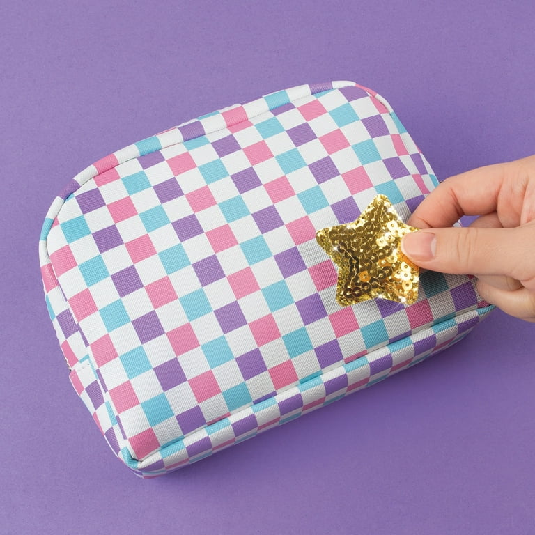 Make It Real Fashion Pouch With Patches 9pcs Checkered Pink Blue Purple DIY Customize Your Pouch Fully Lined Fashion Bag Tweens Girls Ages