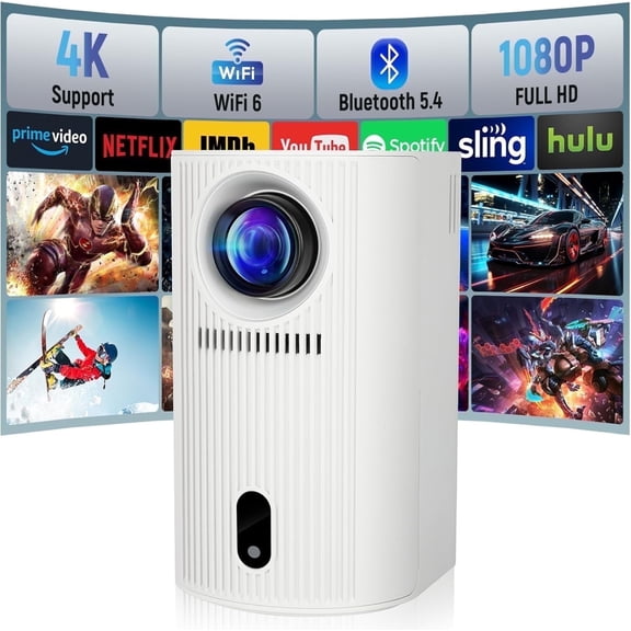 Maypug Mini Projector WiFi 6 Bluetooth, 4K 1080P Supported, 120'' Auto Keystone Screen for Home Theater