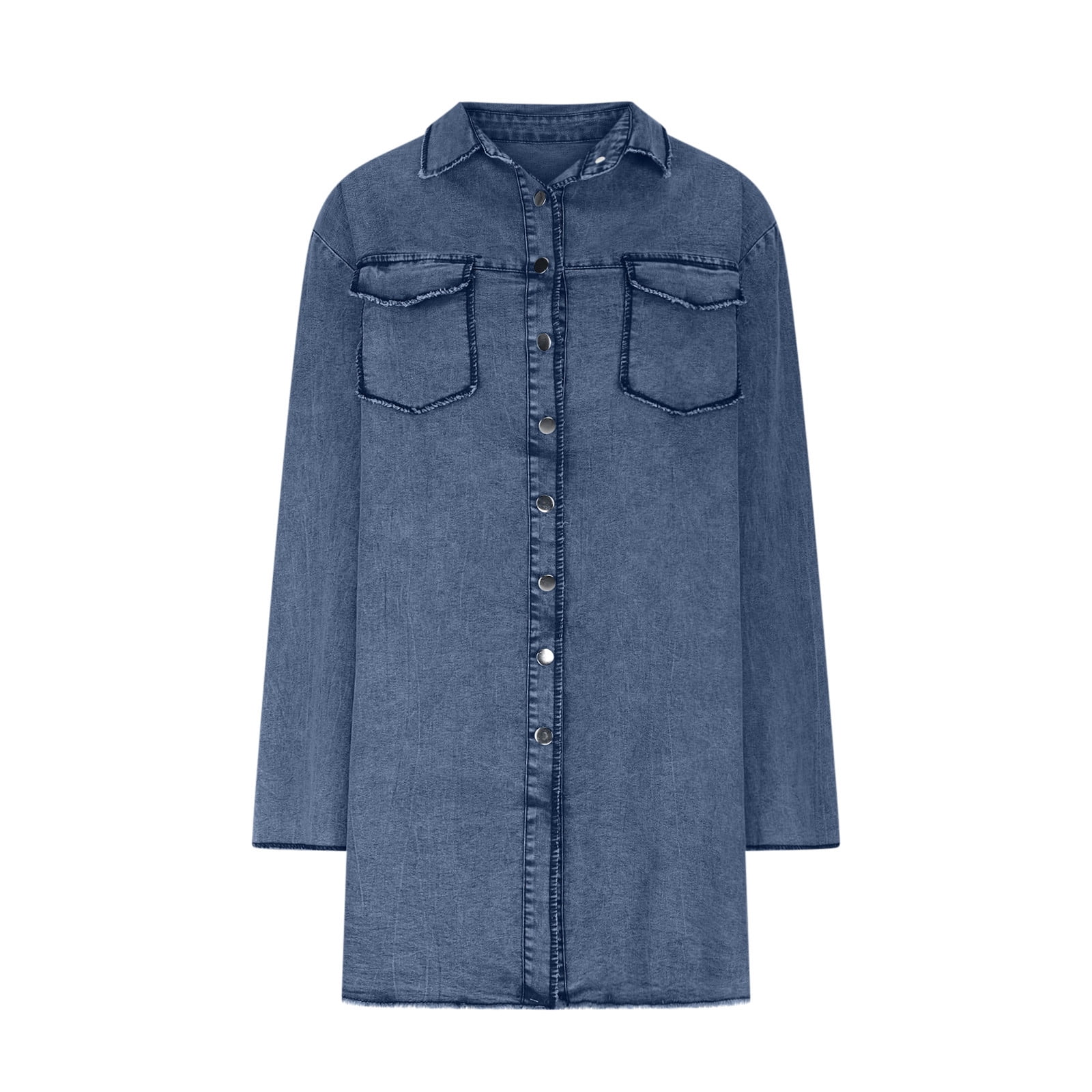 Lenpel Women's Plus Size Denim Jackets Long Sleeve Button down Frayed Hem Jean Shacket Trendy Boyfriend Outwear