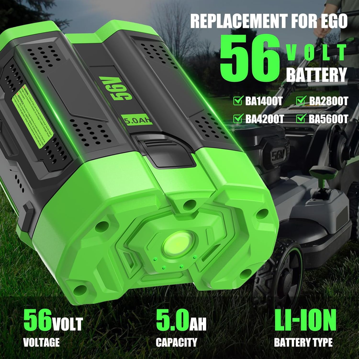 56 Volt 5000mAh High Capacity Replacement for EGO 56V Battery Power Tools Compatible with BA2800 BA4200 BA4200T BA1400 BA1400T BA2240 Cordless Power Tool
