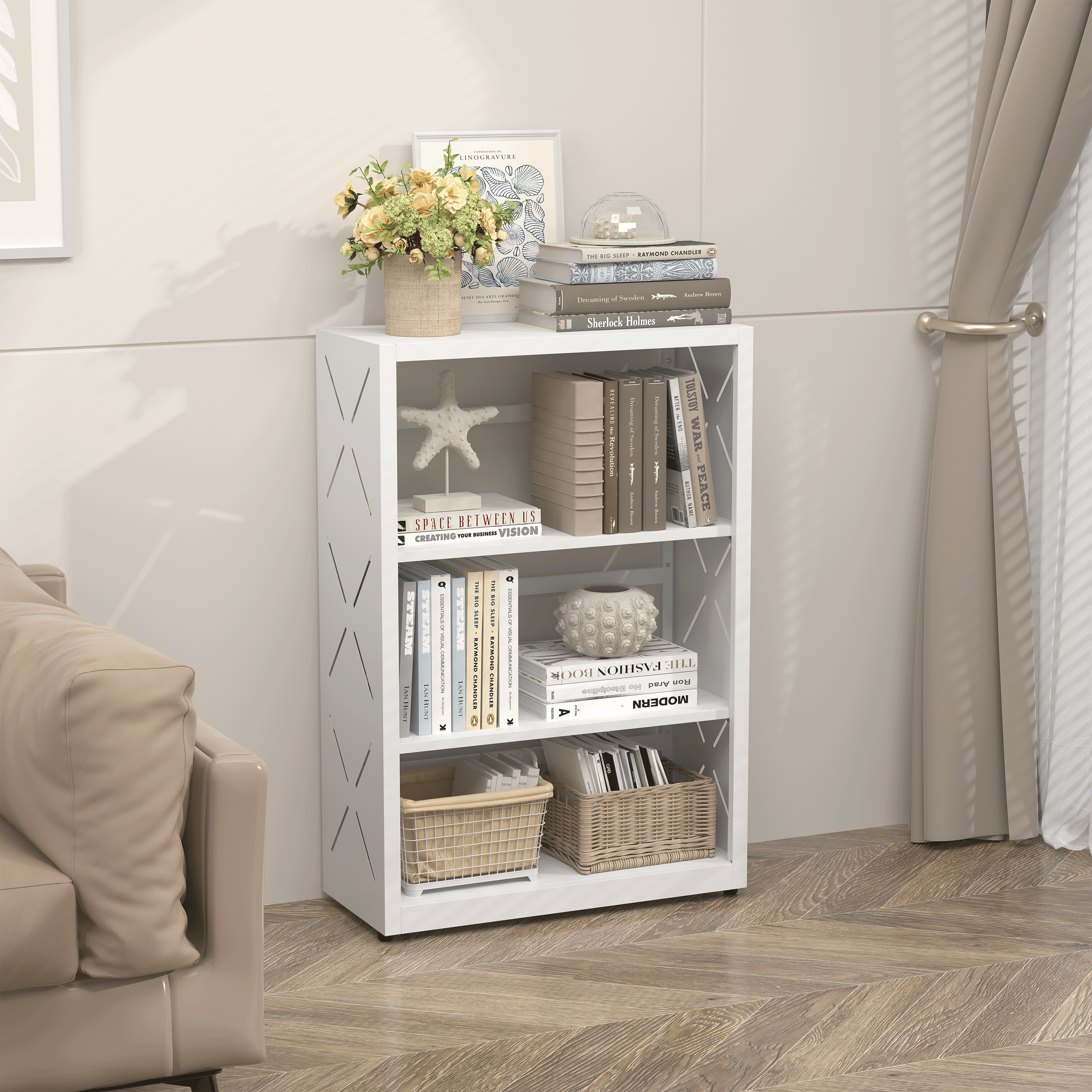 Polup Industrial Bookcase 3-Tier Metal Adjustable Freestanding Storage Rack with Bookends White 1-Pack