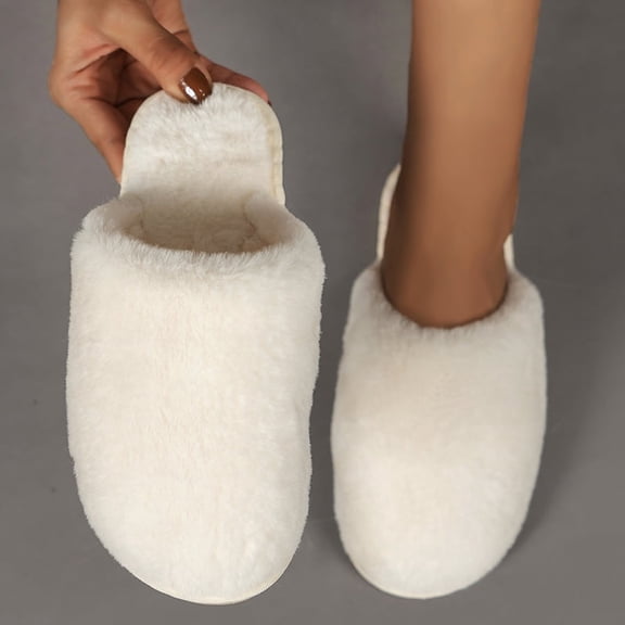 Womens Soft Sole Home Plush Slippers Autumn Winter Indoor Anti-slip Cotton Slides White Furry Bedroom Flip Flops Plus Size 42-43 (WHITE,42-43)