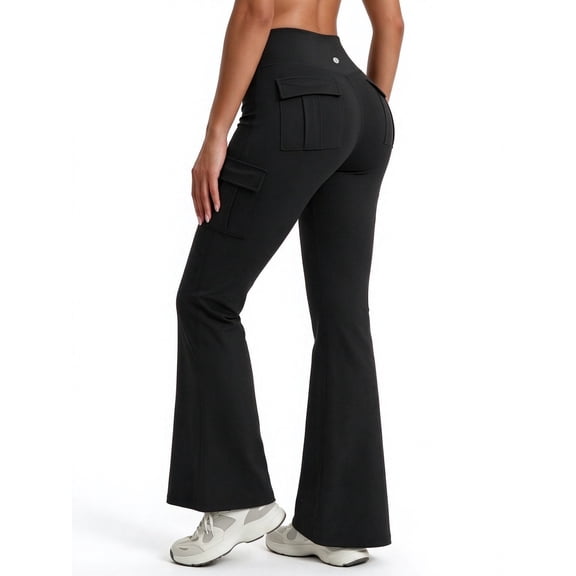 FLEXVIBE Womens Flare Leggings for Yoga Workout Polyester High Waist Stretch Bootcut Pants with Cargo Pockets,Black,US Size S