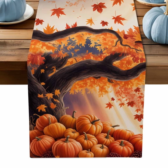 ERUNPONLY Orange Pumpkins Fall Table Runner - 48 Inch Long Maple Leaves Sunlight Forest Country Cotton Linen Blended Dress Scarves Farmhouse Table Runner for Kitchen Dining, Coffee Table, 13" x 48"