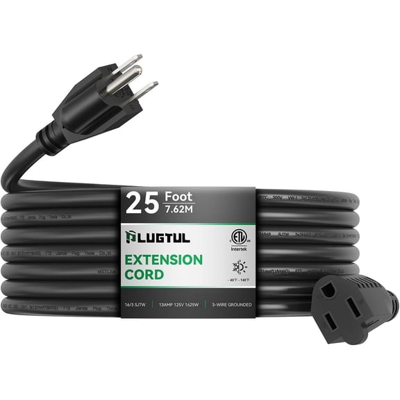 Outdoor Extension Cord 25 FT Waterproof, 16/3 Gau Black Heavy Duty 3 Prong Extension Cord, 13A 1625W SJTW, ETL Listed, Great for Garden and Home