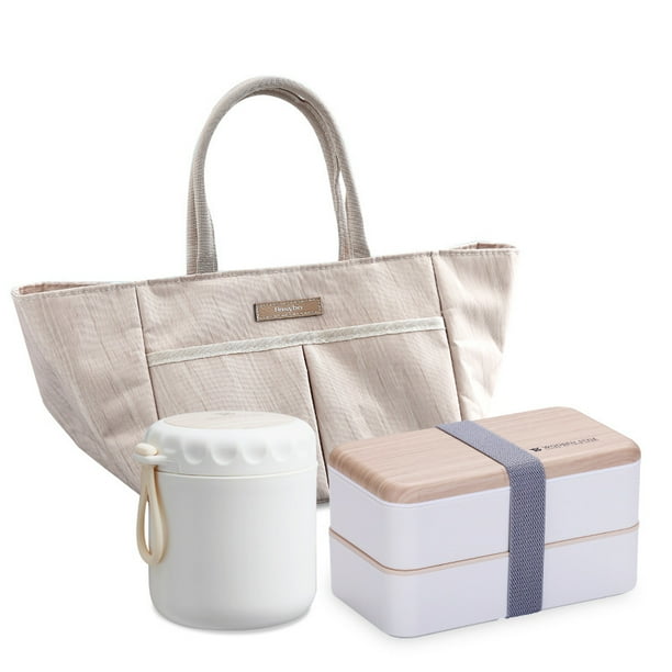 3 piece set Wooden texture plastic doublelayer lunch box soup cup set