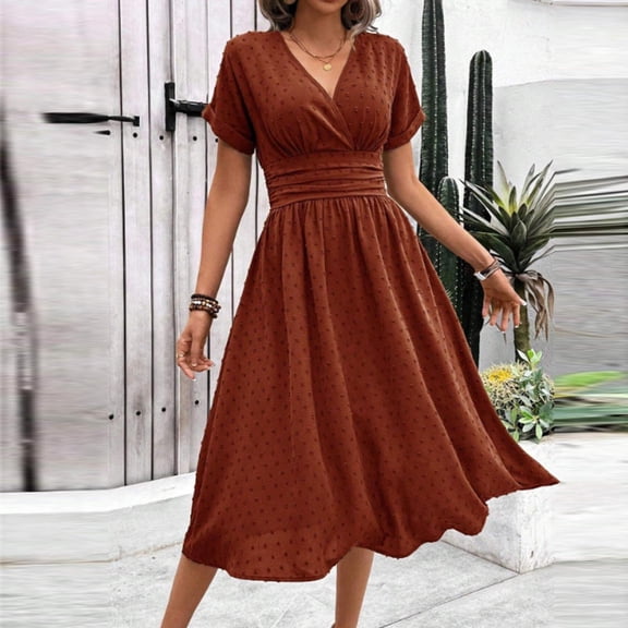 Aimik Women V-Neck Short Sleeve Fitted Solid Color A-Line Flowy Long Dress Summer Loose and Comfortable Maxi Dress