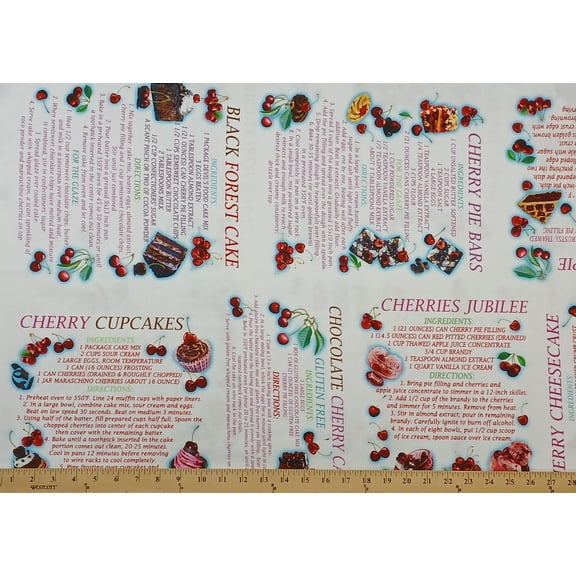 35" X 44" Panel Cherry Hill Cherry Recipes Cake Bars Tart Benartex Cotton Fabric Panel (14317-09)